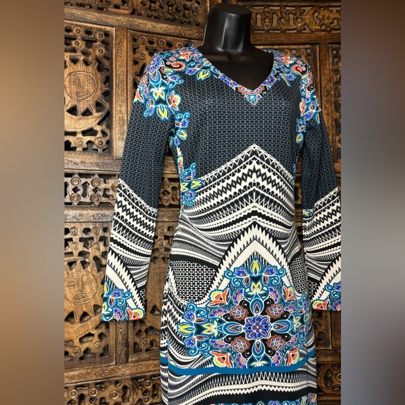 Fire Los Angeles Bodycon Midi Dress Size Small V-Neck Long Sleeve Stretch - Picture 3 of 16